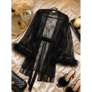 Rya Collection Black Lace Robe XL Feather Trim Kimono Boudoir Lingerie Bridal